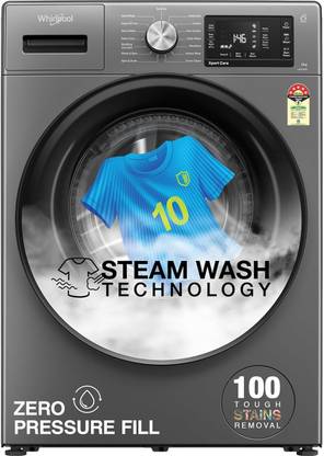 Whirlpool 8 kg Steam Technology 5 Star Inverter 100+ Tough Stains, 6th Sense Soft Move Fully Automatic Front Load Washing Machine with In-built Heater Black