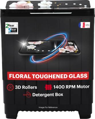 Thomson 8 kg 5 Star Aqua Magic Grande Series with Floral Toughened Glass and Double Waterfall Semi Automatic Top Load Washing Machine Black, Grey