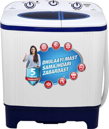 Intex 6.5 kg With Air Dry Technology, Wave Pulsator Design, Magic Filter Transparent Lid Semi Automatic Top Load Washing Machine Blue, White