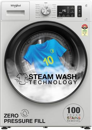 Whirlpool 7 kg Steam Technology 5 Star Inverter 100+ Tough Stains, 6th Sense Soft Move Fully Automatic Front Load Washing Machine with In-built Heater White