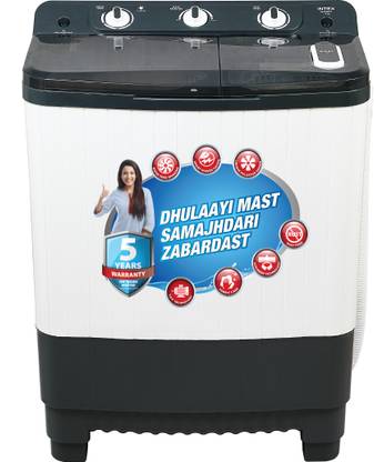 Intex 7.5 kg With Lint Filter, Buzzer, Castor Wheel with pad, Collar Scrubber ,Transparent Lid Semi Automatic Top Load Washing Machine Grey, White