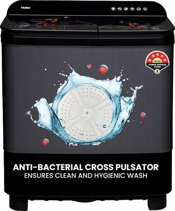 Haier 9 kg Toughened Glass with Digital Kingfisher Print, Anti Bacterial Vortex Pulsator, 1300 RPM, Spray Function, Wash Programs, Magic Filter, Rat Mesh Semi Automatic Top Load Washing Machine Black, Grey