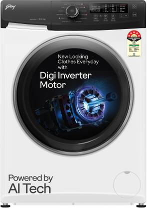 Godrej 9 kg with AI Tech Fully Automatic Front Load Washing Machine with In-built Heater White, Grey