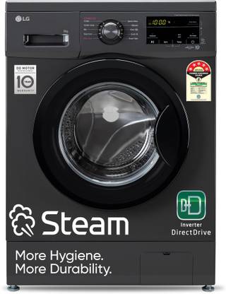 LG 8 kg 5 Star with Steam, Inverter Direct Drive, 6 Motion Direct Drive, Touch Panel and 1400 RPM Fully Automatic Front Load Washing Machine with In-built Heater Black, Grey  (FHM1408BDM) at Rs. 32990
