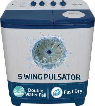 Voltas Beko by A Tata Product 8 kg with Fast Dry, Double Waterfall, 5 Wing Pulsator Semi Automatic Top Load Washing Machine Blue, White