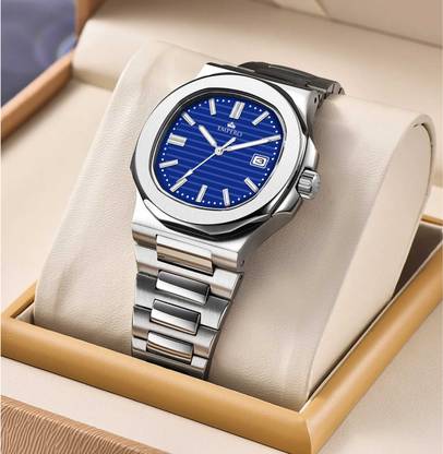 EMPERO EAB217 The Rounded Octagonal shape Date Display Blue Dial Silver Stainless Steel Belt Analog Watch  - For Men