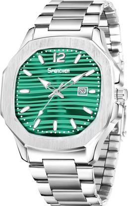 Spencher Nautilus-4569 Nautilus Date Working Square Green Dial Silver Quartz Mechanism Watch For Boys Analog Watch  - For Men