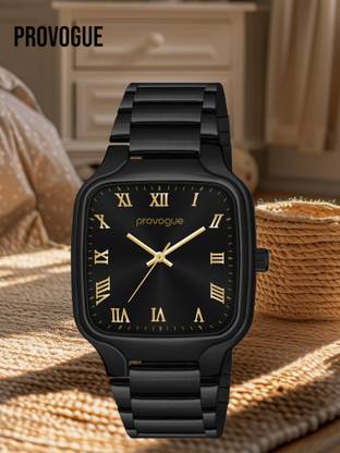 PROVOGUE 03 Square Designer Men Black Watch with Black Dial Gold Figure Stainless Steel Chain with Self Size Adjustable Analog Watch  - For Men
