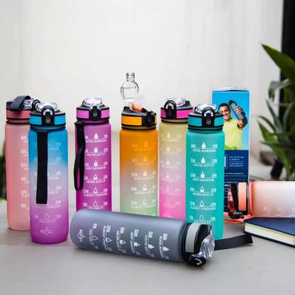MINDKING QuickSpout Water Bottle with Time Marker and Carry Strap, 32 oz, BPA-Free 1000 ml Water Bottle