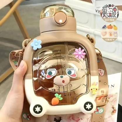URBANHUDA 1Ps kids Cute Teddy Hanging Large Capacity Water Bottle, With Straw 1000 ml Water Bottle