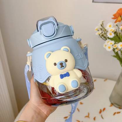 Rafi Traders Kawaii Bear Water Bottle for Kids Large Capacity Straw with Shoulder Strap 1300 ml