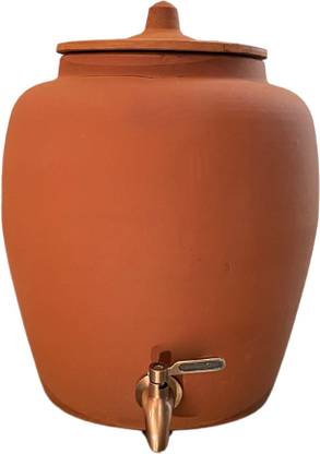 Mittify Handmade Clay Water Pot with Lid & Metal Tap | Plain Design Matka 11L Bottom Loading Water Dispenser