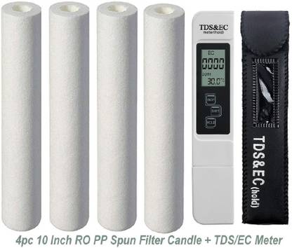 BALRAMA 5pc Combo TDS Meter + 10” Spun PP Filter 10 Inch 5 Micron Melt Blown Pp Spun Water Filter Candle Polypropylene Sediment Filter Cartridge Kemflo Pre Filter Candle Prefilter Inline Filter Kemflow Purerite Pre Bowl Housing For RO UV UF Mineral Water Purifiers Filter Service Professional Water Quality Analyzer TDS-3 Digital TDS Meter Water Purity Tester Pen Type 2 in 1 TDS & TEMP Meter with Buffer Powder Calibration Solution Hydrotester Total Dissolved Solids PPM Testing Machine 10" Solid Filter Cartridge
