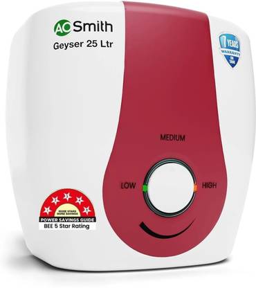 AO Smith SGS-GREEN-025 25 L Storage Water Geyser | 3kW | Vertical | 33% faster heating | Designed for high rise buildings with 8 bar pressure rating | Longer life in hard water conditions with Blue Diamond glass lined tank | BEE 5-star rating for superior energy efficiency power savings |