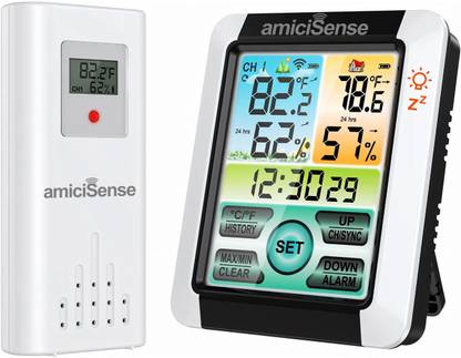 amiciSense Digital Weather Station Outdoor/Indoor Temperature and Humidity Monitoring Device with Touch Screen and Clock Function Weather Station