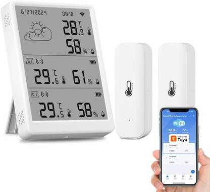amiciSense Digital Weather Station, Indoor/Outdoor Temperature and Humidity Monitoring Device with Date & Time Display Dual External Sensors and Data Export SmartLife Weather Station