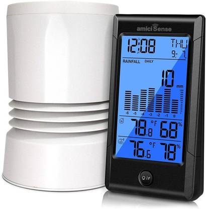 amiciSense Wireless Rain Gauge with 5-in-1 Outdoor Sensor | Self-Emptying Rain Collector , Indoor/Outdoor Temperature & Humidity Monitor, Clock, Weather Station Display Weather Station