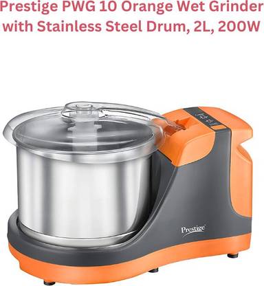 Prestige PWG 10 Orange Wet Grinder with Stainless Steel Drum, 2L, 200W Wet Grinder
