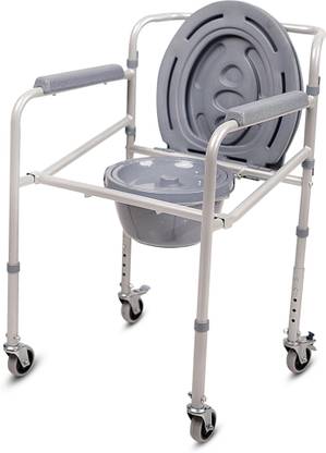 VMS Careline Standard Foldable ,Height Adjustable Commode with Long Bucket Manual Wheelchair