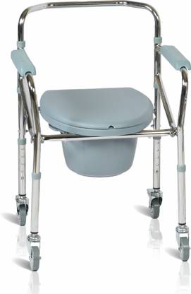 VMS Careline Standard Foldable ,Height Adjustable Commode with Long Bucket Manual Wheelchair