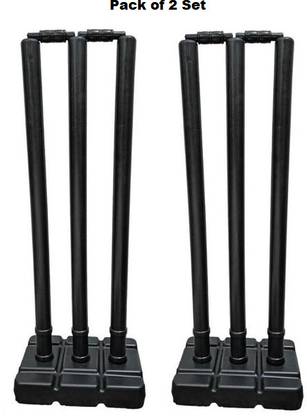 Monika Sports Full size PVC Black Wicket set /3 stump+2 bails + 1 Base (Pack of 2)