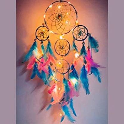DHRUVTAR STORE Dhruvtar dream Catcher ~ Pastel 4 Tier with Pretty Lights ~ Handmade hangings Used for Wall Hanging, Decor, Balcony, Decor,Car, Wind Chimes, Room Feather, Wool Dream Catcher