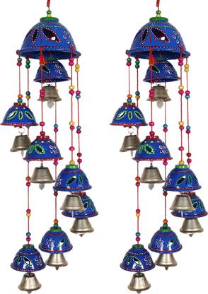 KUBER INDUSTRIES Rajasthani Handcrafted Hanging Windchimes|Latkan With 8 Bells Pack of 2 (Blue) Plastic Windchime
