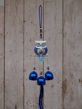 BZILO Wind Chime with Blue Bells Evil Eye, Hanging Home Decor OWL Design May Vary L62 Silver Plated Windchime