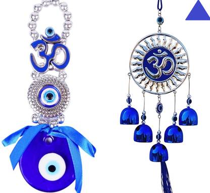 BZILO Combo OM With Blue Pendant & Om Windchime Evil Eye for Home Design May Vary V21 Polyresin Windchime