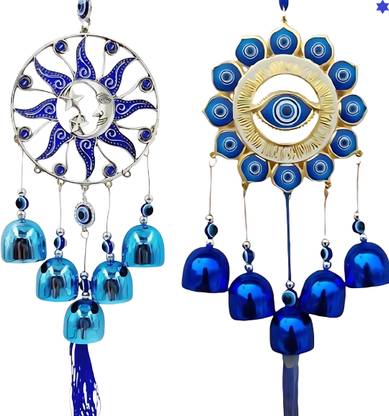 BZILO Combo Star Moon And Evil Eye Windchime Hanging for Home Design May Vary H29 Polyresin Windchime