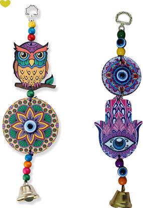 BZILO Combo Wooden Owl And Hamsa windchimes home decor Design And Color May Vary P24 Wood Windchime