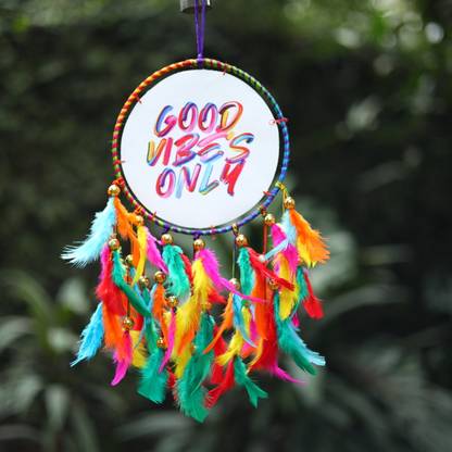 DULI Canvas Good Vibes Dream catcher with Multicolor Feathers Windchime for Decor Feather Dream Catcher