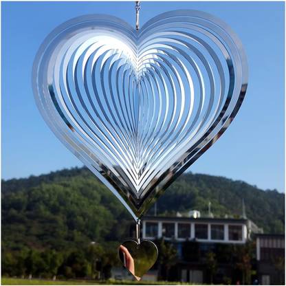 Ever Mall Wind Spinner 12 inch Big Size Silver Heart| 3D Mirror Wind Sculpture Decor Stainless Steel Wind Spinner