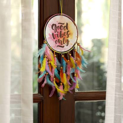 DULI Canvas Good Vibes Dream catcher with Multicolor Feathers Windchime for Decor Feather Dream Catcher