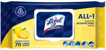 LIZOL All-in-1 Surface Disinfectant Wipes, Lemon - 70 Count