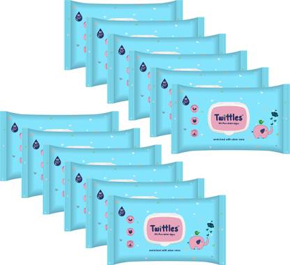 Twittles Soft Cleansing Baby Wipes Pack of 12, Aloe Vera Enriched & pH Balanced, With Lid