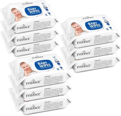 EVELANCE Caring Baby Wet Wipes with lid & Aloe Vera Extract| 72 Pieces|Pack Of 9