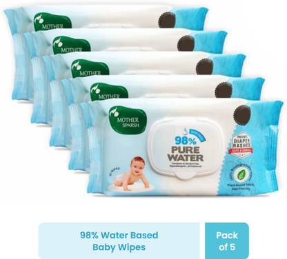 Mother Sparsh 98% Water Based Wipes (mild scented) - Natural Plant Derived Fabric , 80 Wipes Each , Pack of 5 (Super Saver Pack)