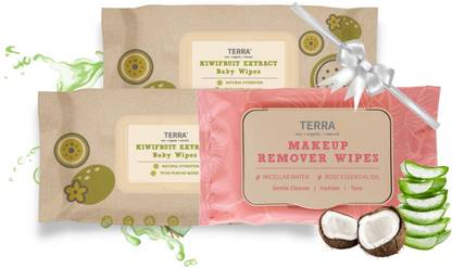 TERRA Wipes, 2 x 70 Piece Kiwi Fruit & 24 Piece Rose Makeup Remover Wipes (Pack of 3)