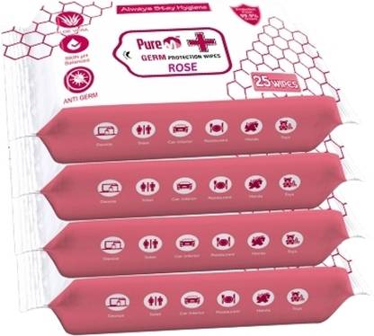 Pure M Germ Protection Wipes 99.99% for Skin & Surfaces Rose pack 4