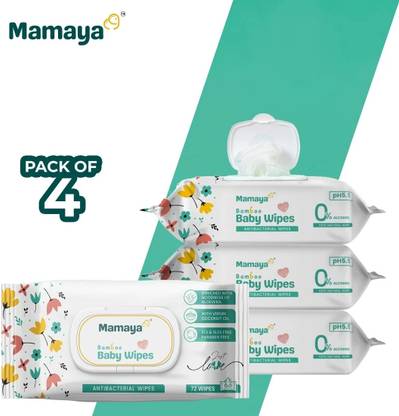 MAMAYA Baby Wipes with coconut oil, Aloe Vera, Ph5.5, pack of 4/with Lid( 288 Wipes )