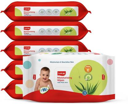 LuvLap Baby Wipes with Aloe Vera, with Flip-top Lid - Pack of 6