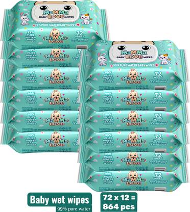 Mamma Love 99% Pure Water Baby Wet Wipes with Lid | Pack of 12 | 72 pcs/pack |..  (864 Wipes)