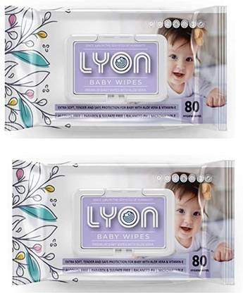 lyon baby wet wipes with lid enriched with aloe vera and vit e (80 wipes per pack)