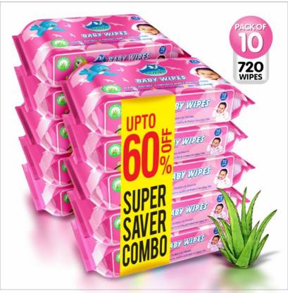 GLIDER Baby Wipes with Aloe Vera,Vitamin E & Mild Fragrance (Pack of 10)