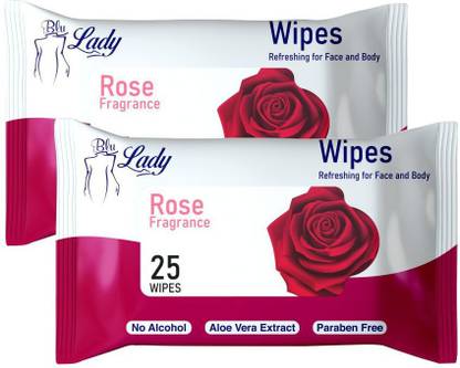 Blu lady Alcoholic Free and Aqua Glycerin (Rose Fragrance) Body Wipes 25"s Pack of 2