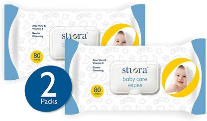 Stiora Baby Care Wipes with Aloe Vera & Vitamin E Extract (size-150 x 200 mm), Made With Soft Non-Woven Fabric, Safe For Baby’s Sensitive Skin (80 Pcs in Each Pack)
