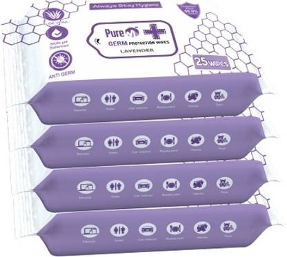 Pure M Germ Protection Wipes 99.99% for Skin & Surfaces Lavender pack 4