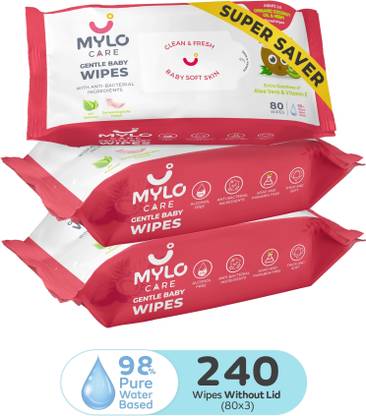 MYLO Baby Gentle Baby Wipes with 98% Pure Water, Organic Coconut Oil and Neem, No Lid