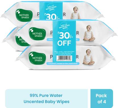 Mother Sparsh 99% Pure Water Based Baby Wipes (Unscented) - Natural Plant made cloth - Super Thick Fabric , 72 Wipes Each , Pack of 4 (Super Saver Pack)